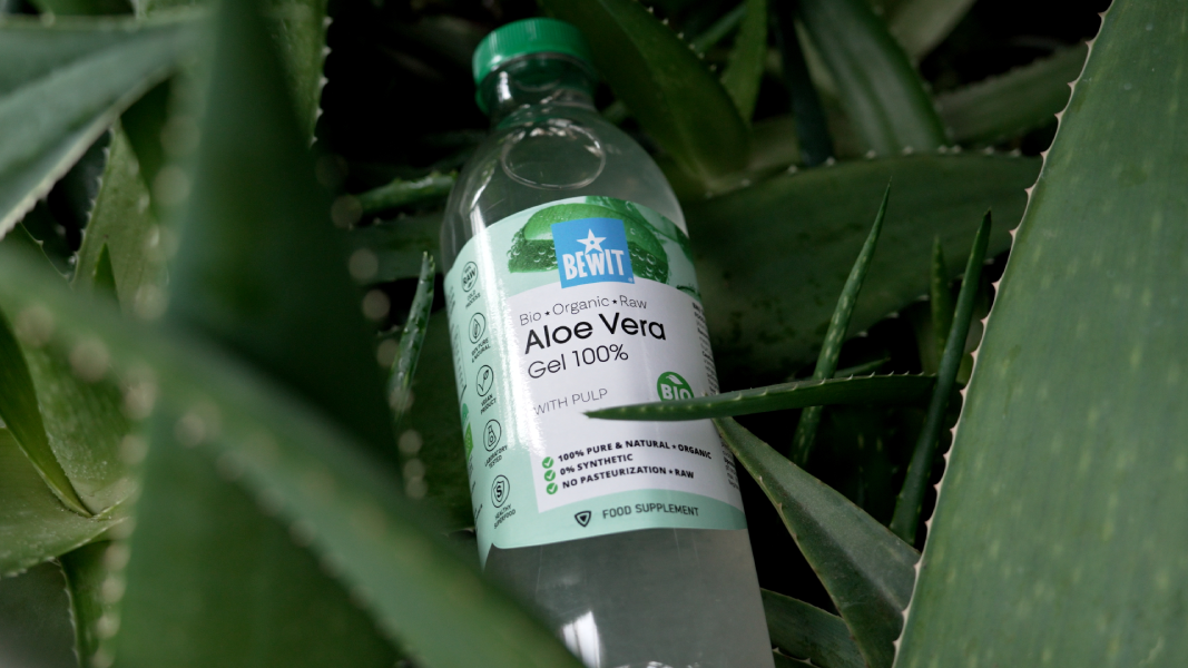 Skleněná lahvička s gely z aloe veverky mezi rostlinami.