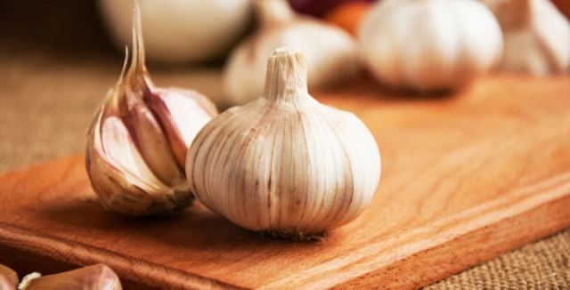 Garlic bulbs on wood board