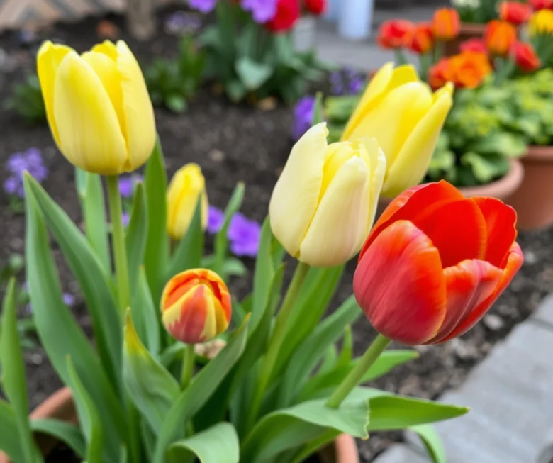 Žluté a červené tulipány rostoucí v květináčích na zahradě.