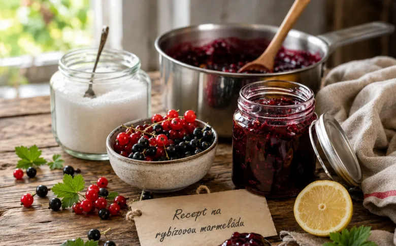 Čerstvé černé rybízy s cukrem a recept na marmeládu.