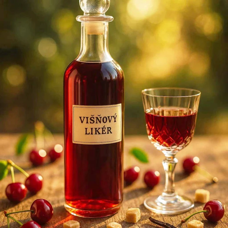 Lahvička višňovky s pohárem, čerstvými višněmi a cukrovkami na dřevěném povrchu.