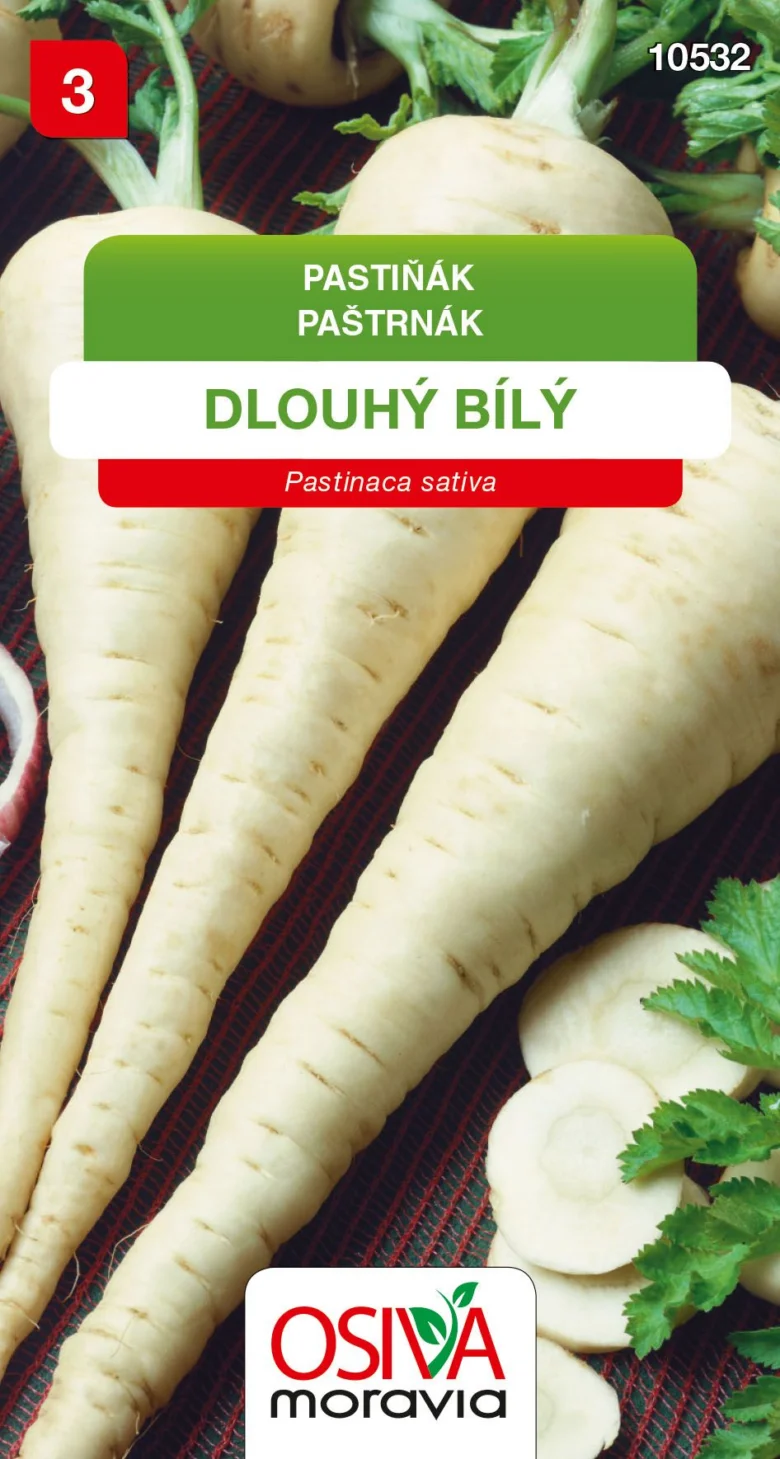 Bílý pastiňák s listy na tmavém podkladu.