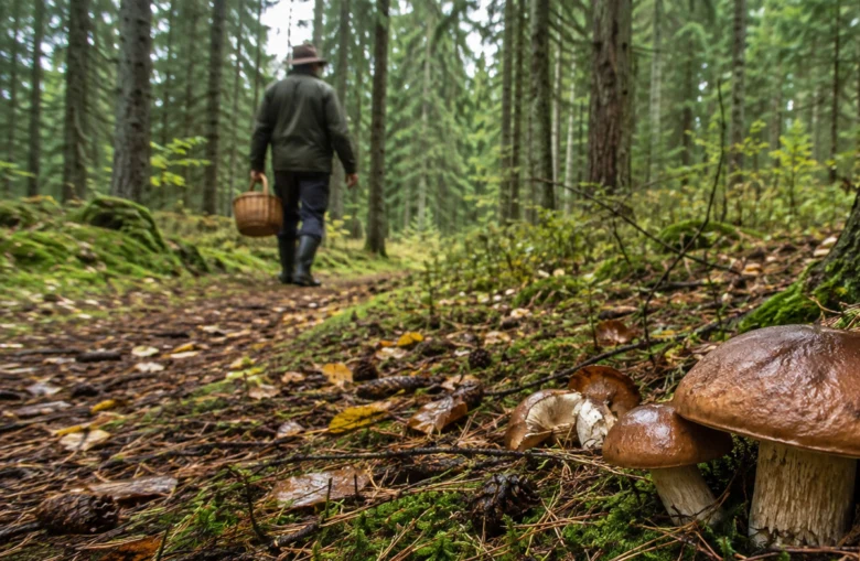Muž sbírá houby v lesu s košíkem na zádech.