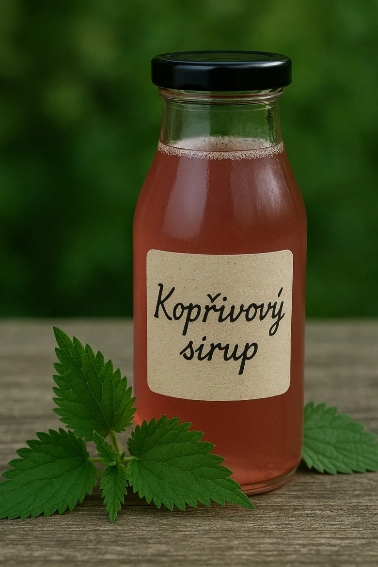 Sklenice kopřivového sirupu s čerstvými listy na dřevěném povrchu.