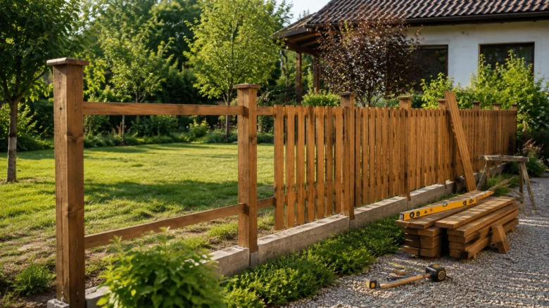 Stavba dřevěného plotu s nástroji v zahradním prostředí.