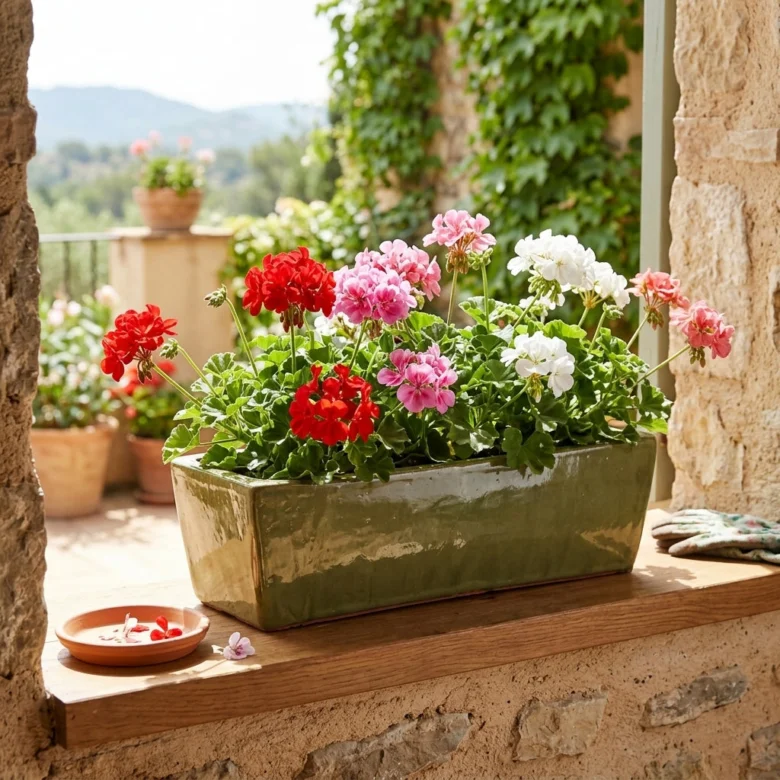 Pelargónie v květináči na kamenné parapetu s výhledem do krajiny.