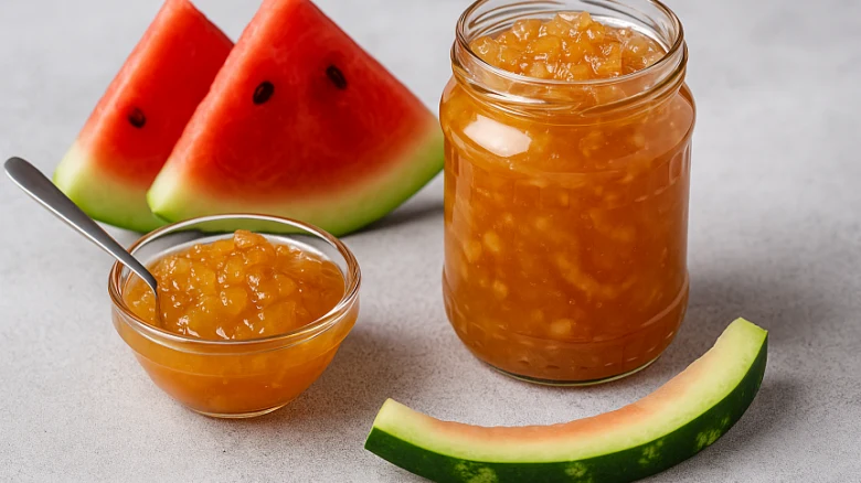 Marmeláda ze slupek melounu v sklenici s čerstvými kousky.