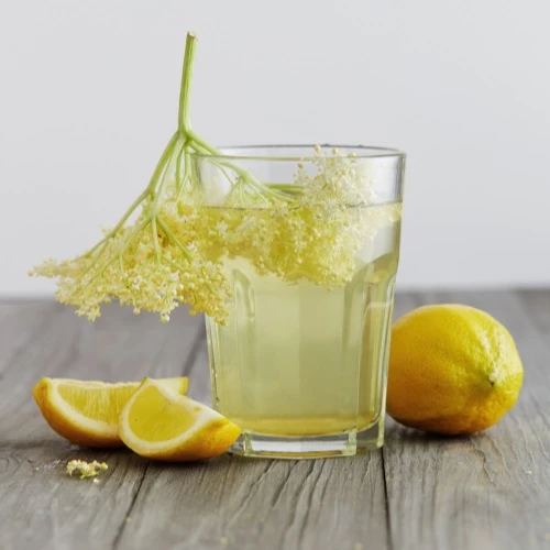 Sklenice bezinkové limonády s květy bezinky a citrony.