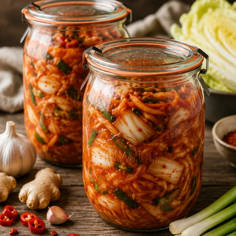Sklenice s kimčím obklopené česnekem, zázvorem a chilli papričkami.