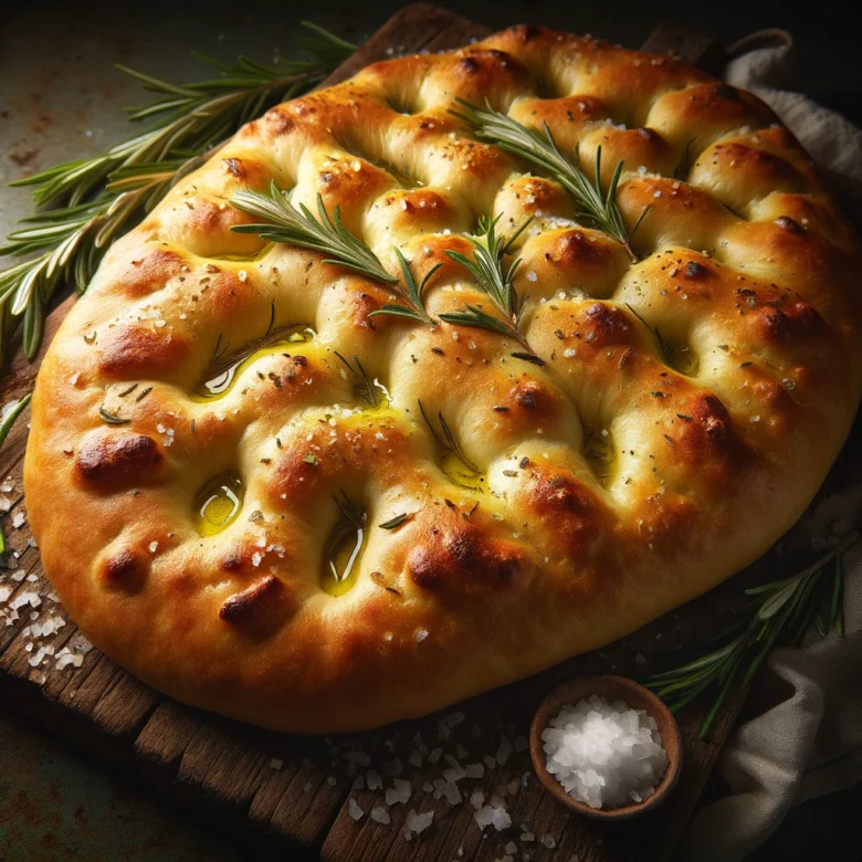 Domácí italská focaccia s rozmarýnem a olivovým olejem.