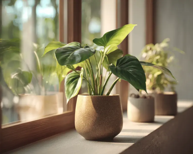 Zdravá pokojová rostlina philodendron v hrnci na okenním parapetu.