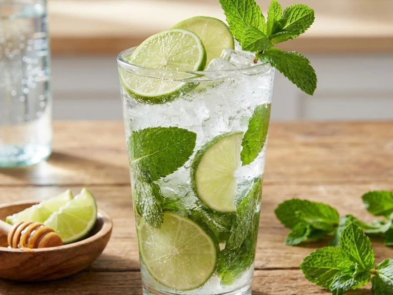 Sklenice nealkoholického mojita s limetou a mátou na dřevěném stole.