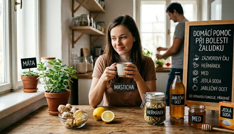 Žena pije čaj s domácími léky na bolest žaludku