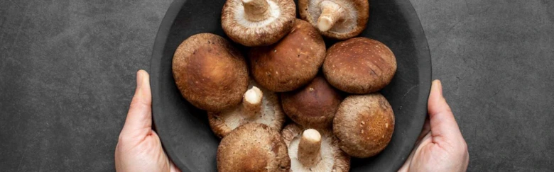 Ruce drží černý talíř s čerstvými houbami shiitake.