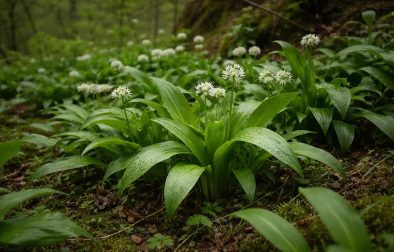Wild garlic plants in forest