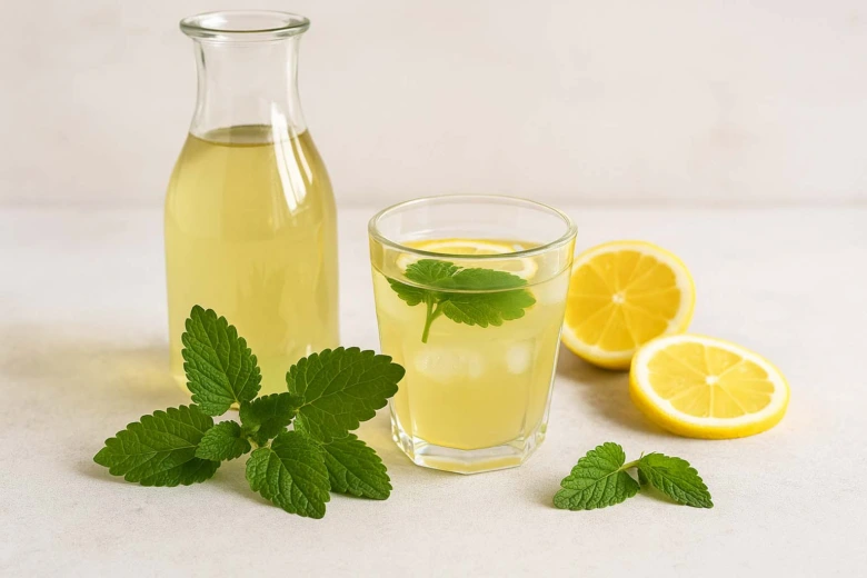 Sklenička s citronádou meduňkového sirupu ozdobená mátou.