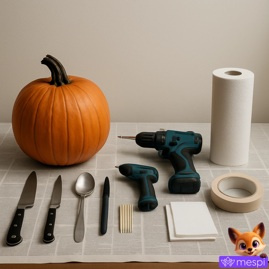 Dýně s nástroji na vyřezávání a dekoraci pro Halloween.