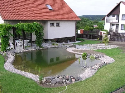 Přírodní koupací jezírko v zahradě s rostlinami a kamením.