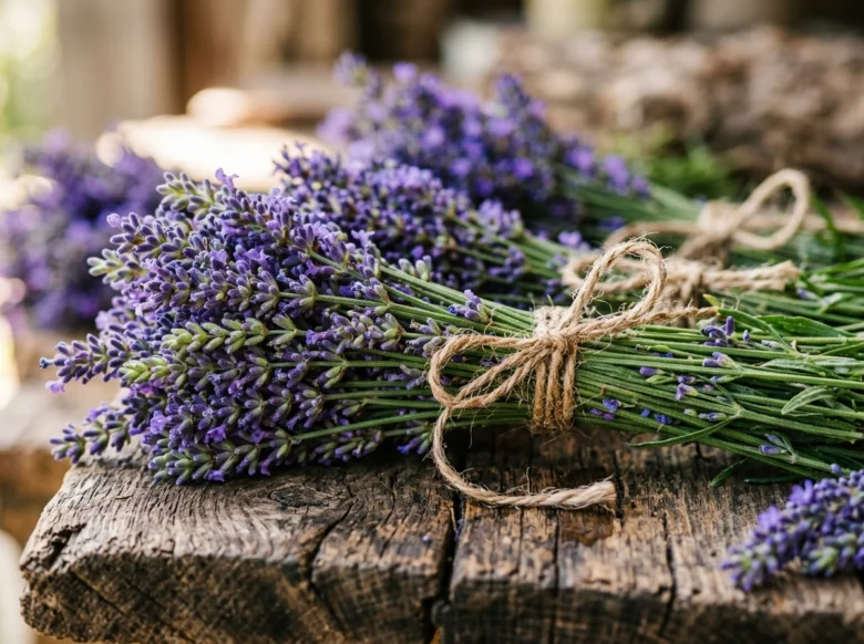 Svazky čerstvé levandule vázané provázkem na dřevěném povrchu.