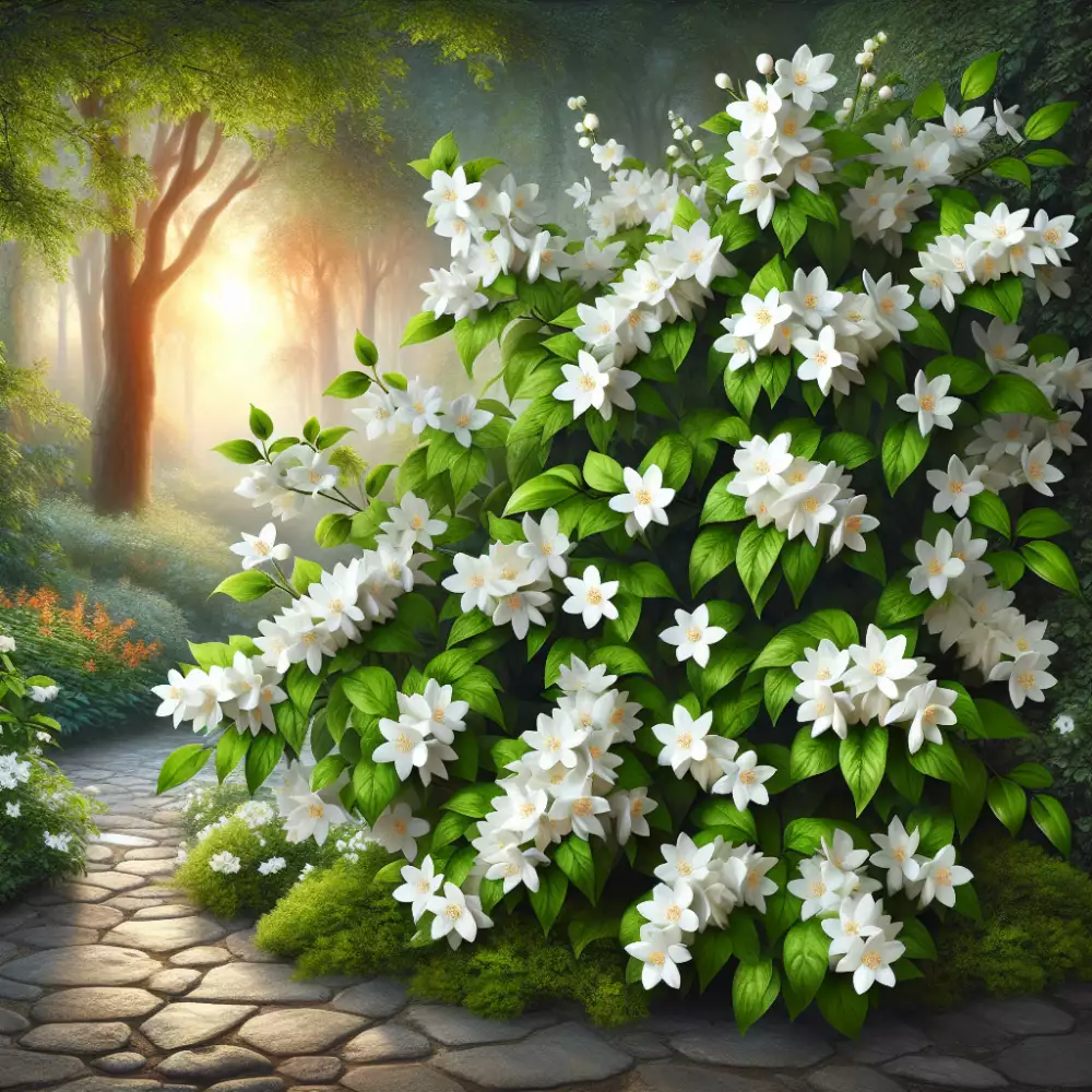 White jasmine bush in garden path
