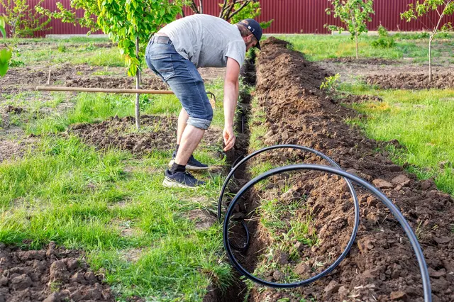Muž ukládá černou zavlažovací hadici do záhonu v zahradě.