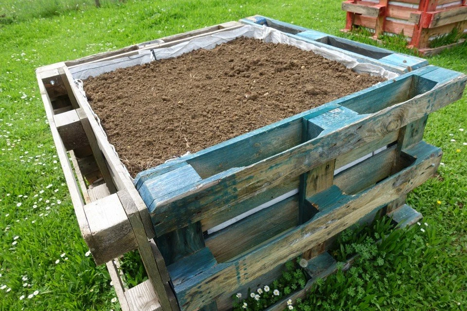 Zvýšený záhon z palet naplněný půdou na trávníku.