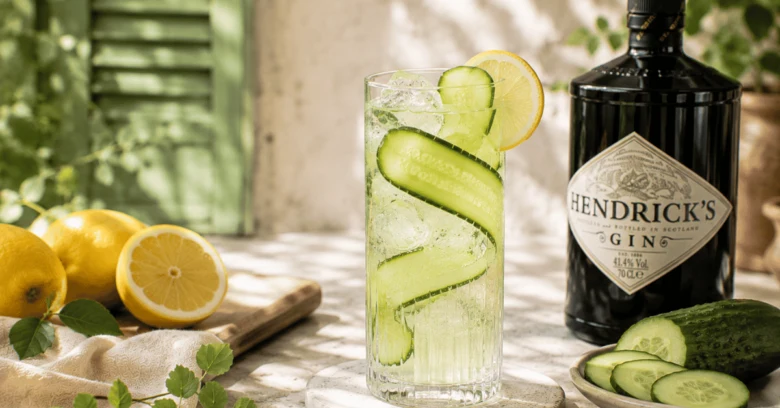 Sklenička okurkové limonády s citronem a okurečkou jako ozdobu.