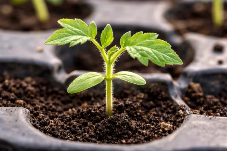 Tomato seedling in soil tray