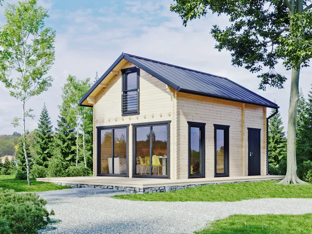 Moderní montovaná chaty celoroční stavba s velkými okny v přírodě.