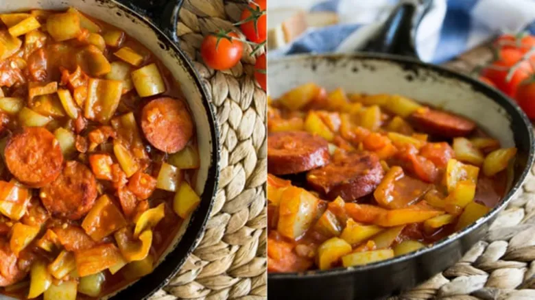Vegetable stew with sausage slices in pan
