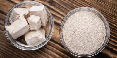 Čerstvé droždí v kostkách a sušené droždí ve skleněných miskách
