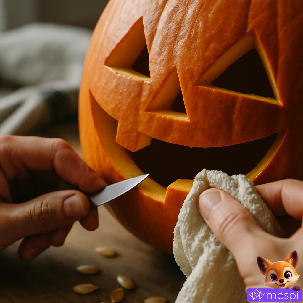 Ruce řezou tvář do dýně na halloween s nožem.