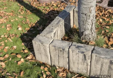 Světle šedé betonové obrubníky kolem stromu v zahradě.