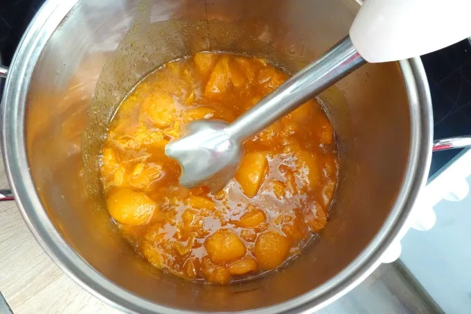 Příprava meruňkové marmelády s mixérem v hrnci.