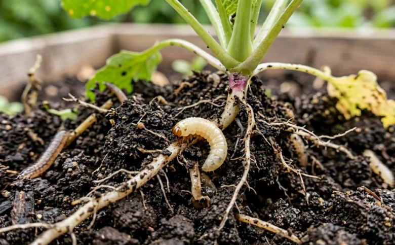 Bílá larva dřepčíka na kořenech rostliny v zemi.