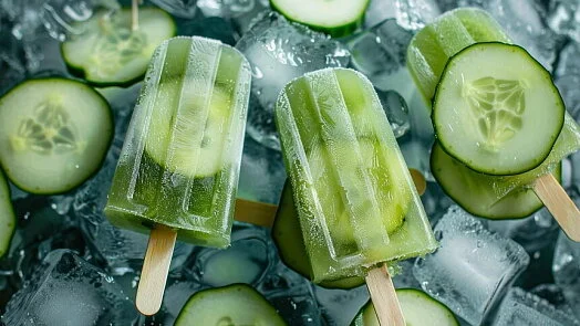 Okurkové limonádové lízne na ledu s okurekovými plátky.